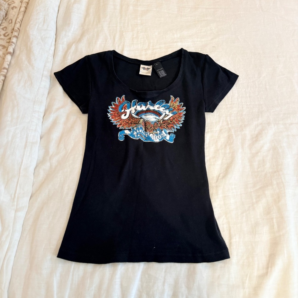 Harley-Davidson Womens Black Ribbed Glitter Eagle Graphic T-Shirt 96312-12VW L